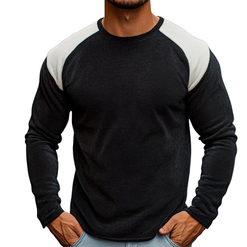 Men's Retro Casual Corduroy Colorblock Round Neck Long Sleeve T-Shirt 79223438TO