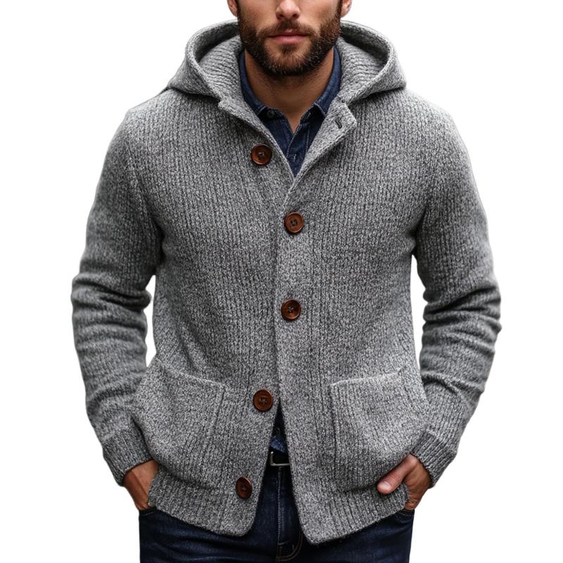 Men's Light Grey Hooded Warm Button Knit Cardigan 02412777U