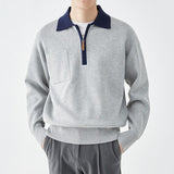 Men's Color Block Zipper Lapel Breast Pocket Long Sleeve Knit Polo Shirt 82740147Z