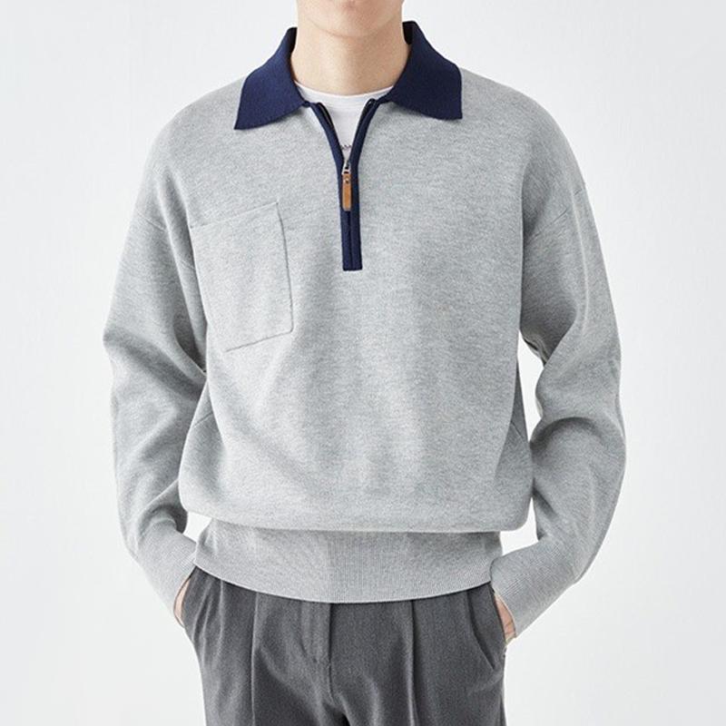 Men's Color Block Zipper Lapel Breast Pocket Long Sleeve Knit Polo Shirt 82740147Z
