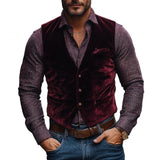 Men's Vintage Velvet V-neck Single-breasted Slim Vest 79289311M