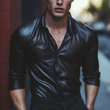 Men's Black Long-sleeved Leather Shirt 16001358F