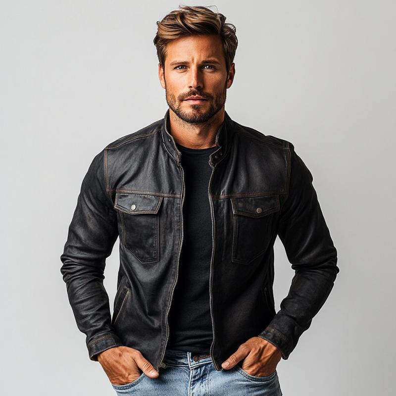 Men's Fashion Multi-Pocket Stand Collar Leather Jacket 59802630Y