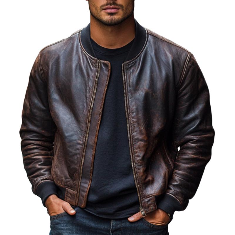 Men's Vintage Premium Leather Baseball Collar Jacket 25048824F