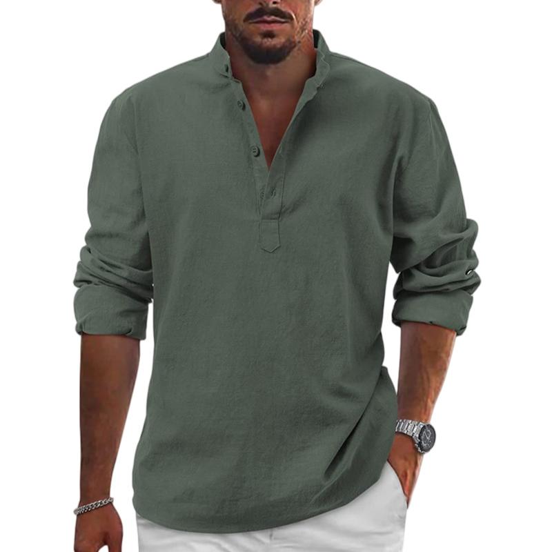 Men's Cotton And Linen Solid Henley Collar Long Sleeve Shirt 37752136Z