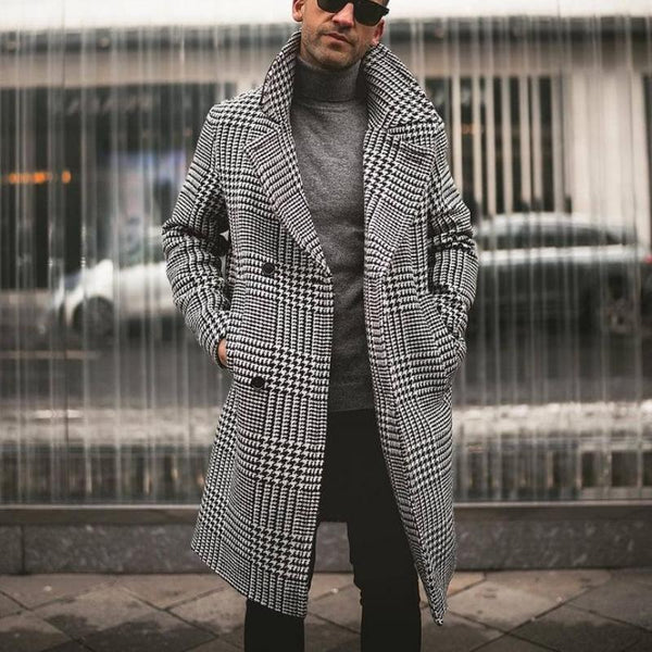 Men's Retro Classic Casual Double Breasted Knee-Length Houndstooth Coat 00944809K