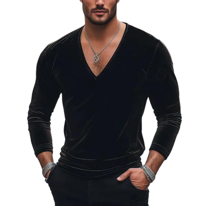 Men's Fashion Velvet V Neck Slim Fit Long Sleeve T-Shirt 19968756Y