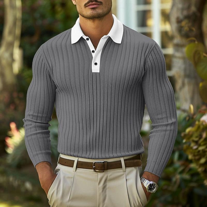 Men's Casual Colorblock Lapel Slim Fit Long Sleeve Polo Shirt 46391370M