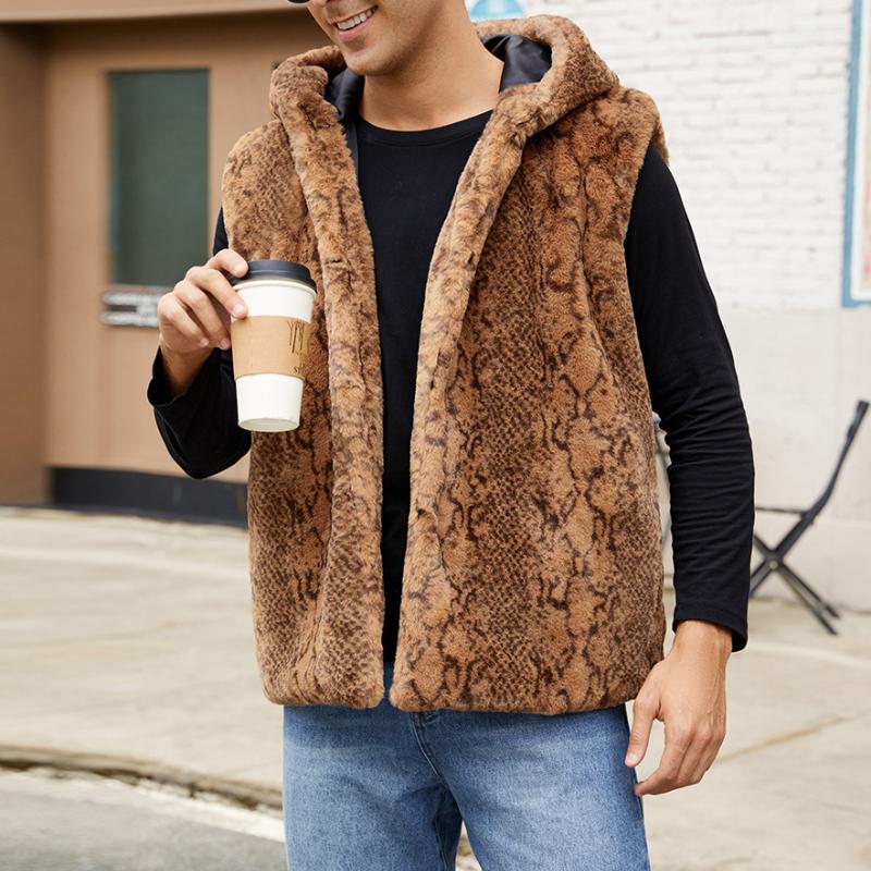 Men's Casual Faux Fur Hooded Leopard Vest 22259889Y