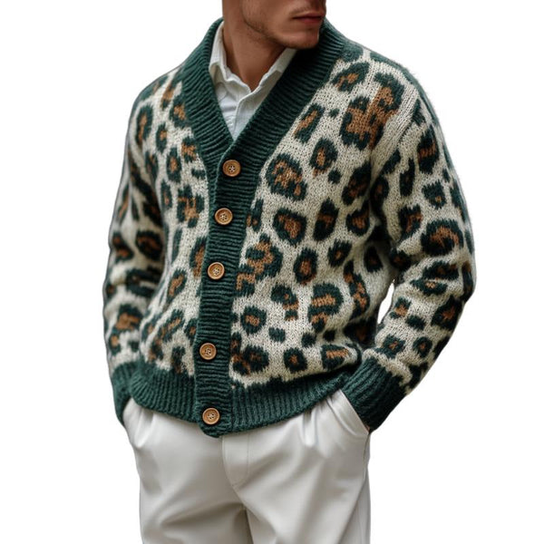 Men's Vintage Leopard Jacquard Colorblock Single Breasted Cardigan 48454339Y