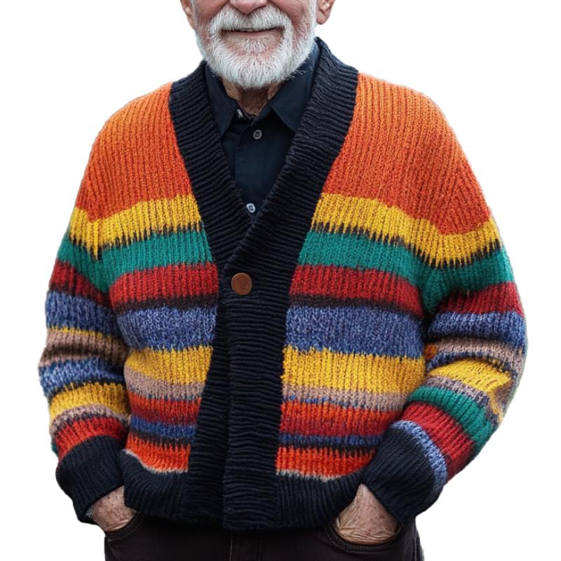 Men's Retro Color Striped Stitching Collarless Single Button Knitted Cardigan 04642178Y