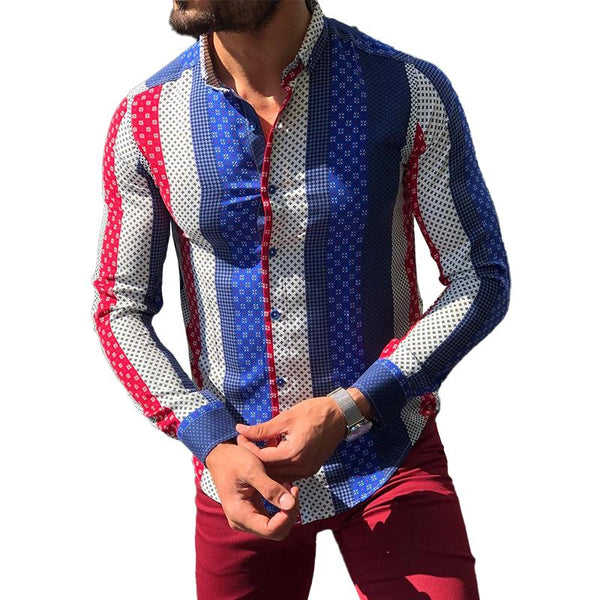 Men's Geometric Colorblock Lapel Long Sleeve Shirt 39524705Z