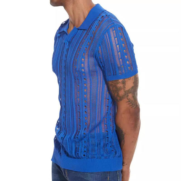 Men's Knitted Hollow Casual Short-Sleeved Polo Shirt 07961825Y