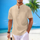 Men's Solid Cotton And Linen Stand Collar Short Sleeve Casual Shirt 17331455Z