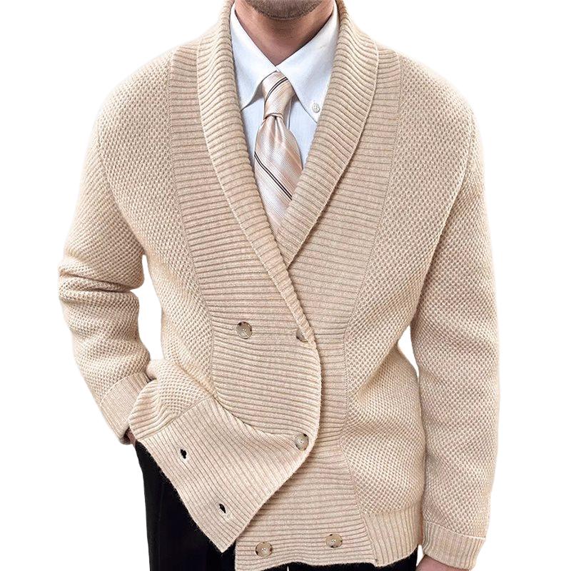 Men's Fashion Solid Color Knit Lapel Double Breasted Casual Cardigan 52300182Z