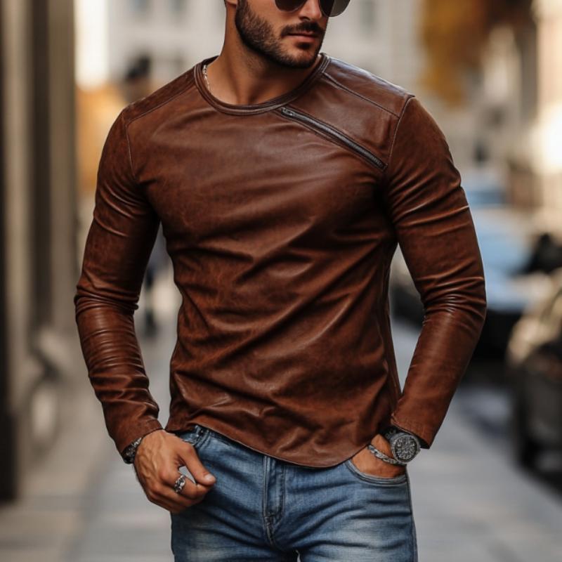 Men's Casual Fashionable Round Collar Slim Fit Leather Long Sleeve T-shirt 80728107K