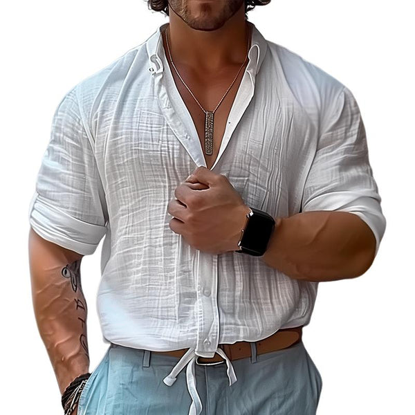 Men's Fashion Solid Color Cotton And Linen Hem Strappy Shirt 50934268Z
