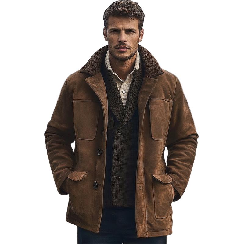 Men's Brown Suede Fur Collar Short Coat 66454767U