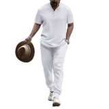 Men's Solid Color Pleated Stand Collar Short-Sleeved Shirt And Trousers Set 62474803Y