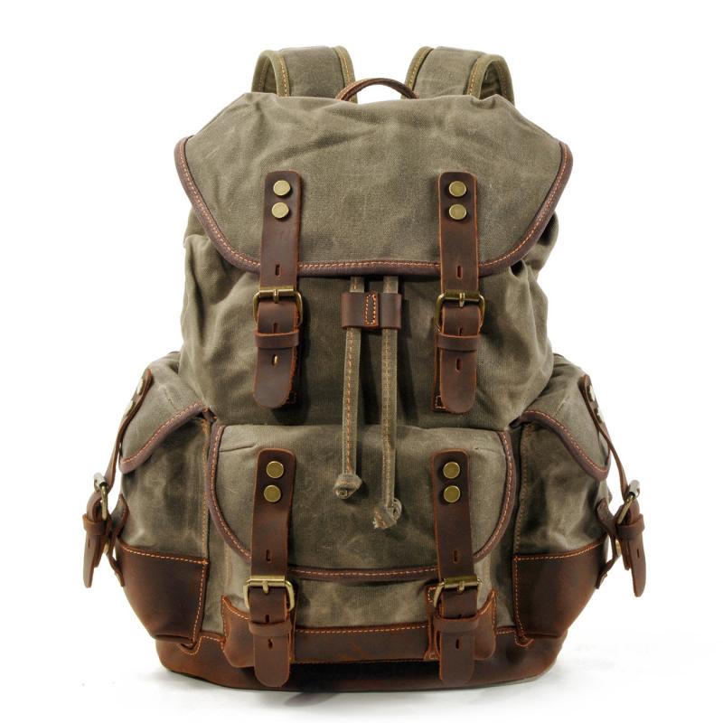 Men's Vintage Outdoor Canvas Stitching Leather Multi-Pocket Backpack 19083234Y