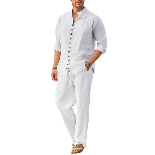 Men's Solid Color Casual Loose Long Sleeves and Long Pants Beach Two-piece Set 60645591X