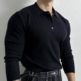 Men's Solid Striped Lapel Long Sleeve Casual Polo Shirt 78081957Z
