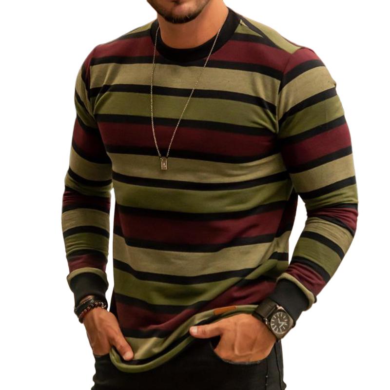 Men's Retro Casual Colorblock Striped Round Neck Long Sleeve T-Shirt 96406531TO