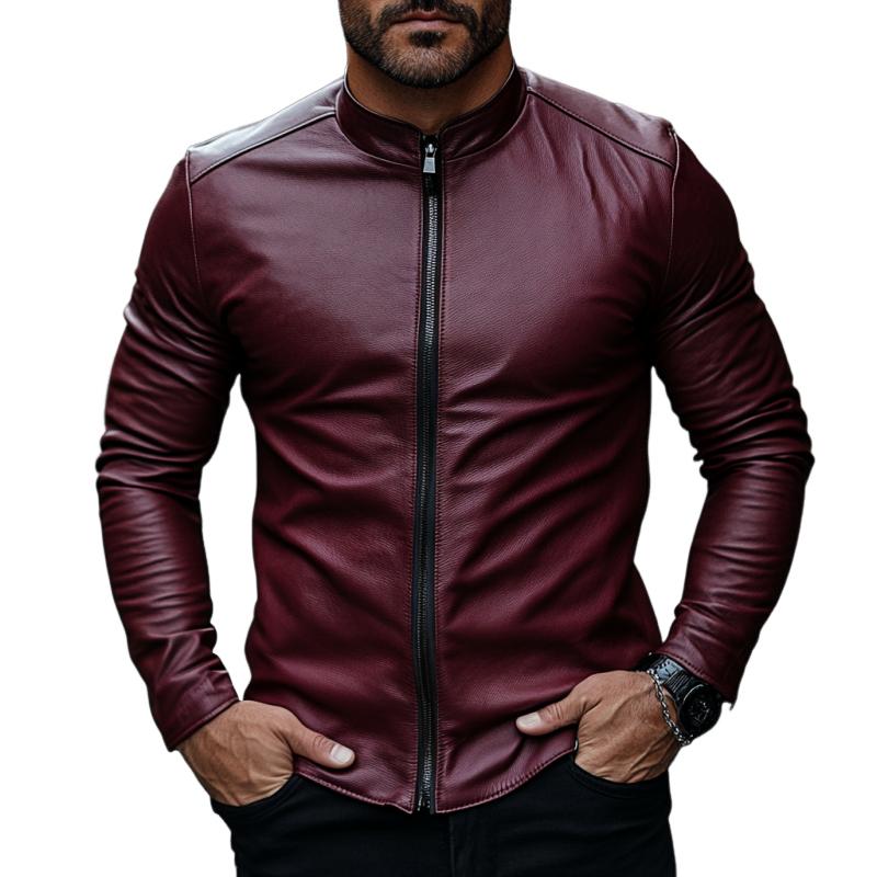 Men's Classic Casual Stand Collar Slim Fit Leather Jacket 57759586K