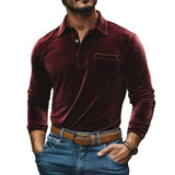 Men's Casual Velvet Lapel Slim Fit Long Sleeve Polo Shirt 66406878M