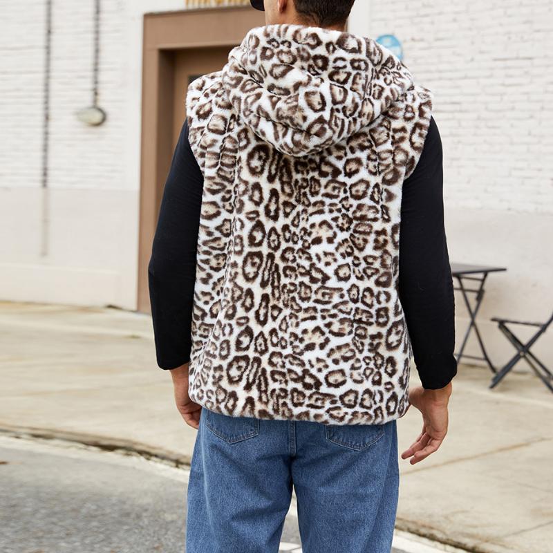 Men's Casual Faux Fur Hooded Leopard Vest 22259889Y