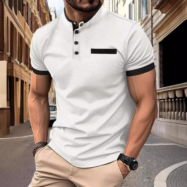 Men's Casual Stand Collar Color Block Waffle Short Sleeve Polo Shirt 07001974Y