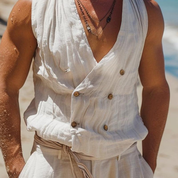 Men's Cotton and Linen V-neck Double-breasted Sleeveless Tank Top 73879381Y