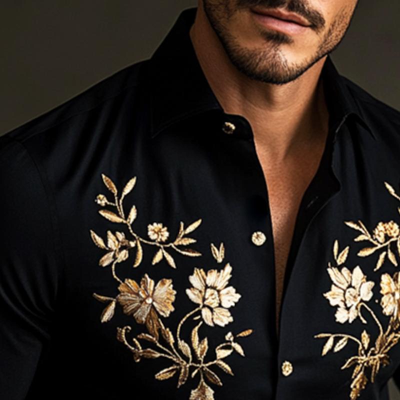 Men's Retro Casual Embroidered Lapel Long Sleeve Shirt 16533429TO