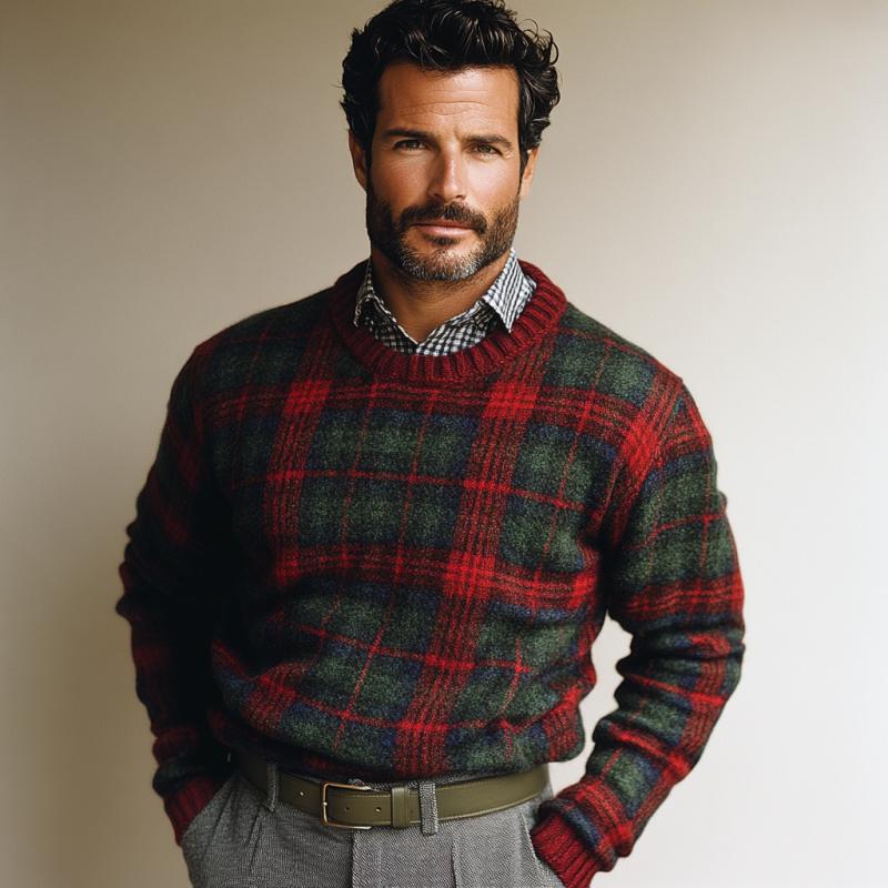 Men's Vintage Christmas Plaid Knit Crew Neck Sweater 61023453Y