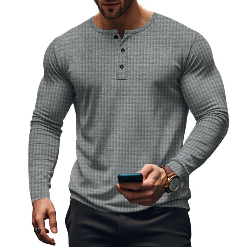 Men's Casual Vintage Solid Checkered Long Sleeve Henley T-Shirt 32523157TO