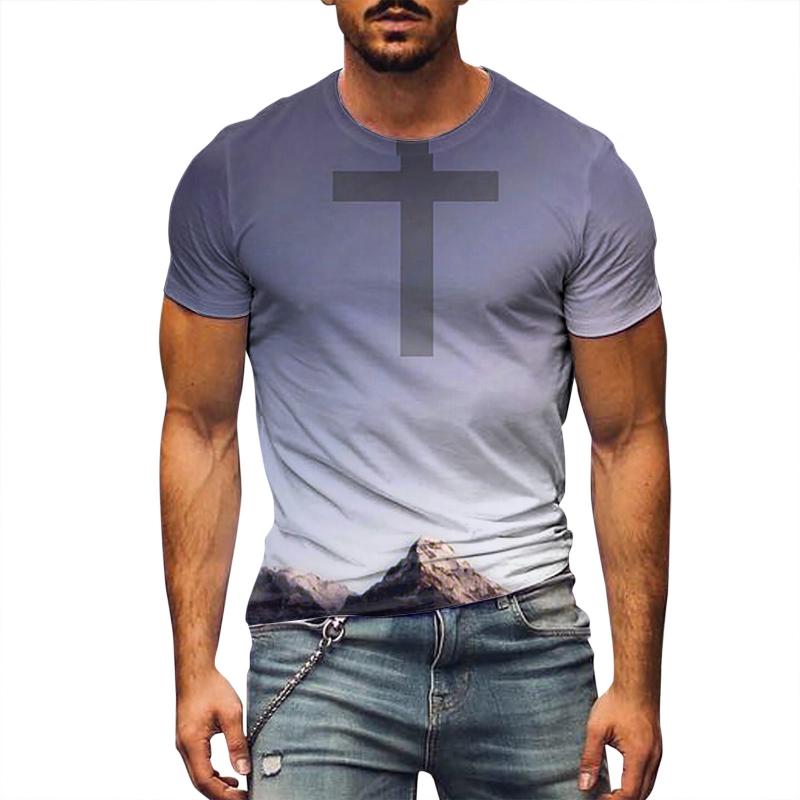 Men's Street Style Cross Print Round Neck Short Sleeve T-shirt 58442322Z