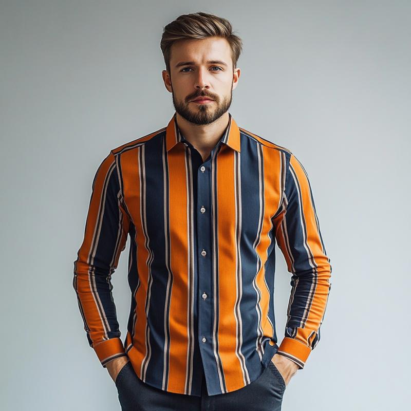 Men's Classic Casual Contrast Stripe Long Sleeve Shirt 40683894K