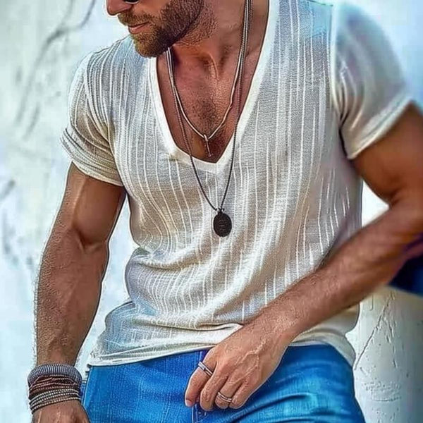 Men's Casual Cotton Linen V-neck Short-sleeved T-shirt 06079081M
