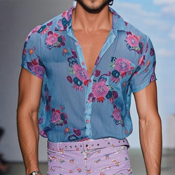 【24-hour shipping out】Men's Retro Casual Mesh Printed Floral Lapel Short Sleeve Shirt MTA1435D2TO