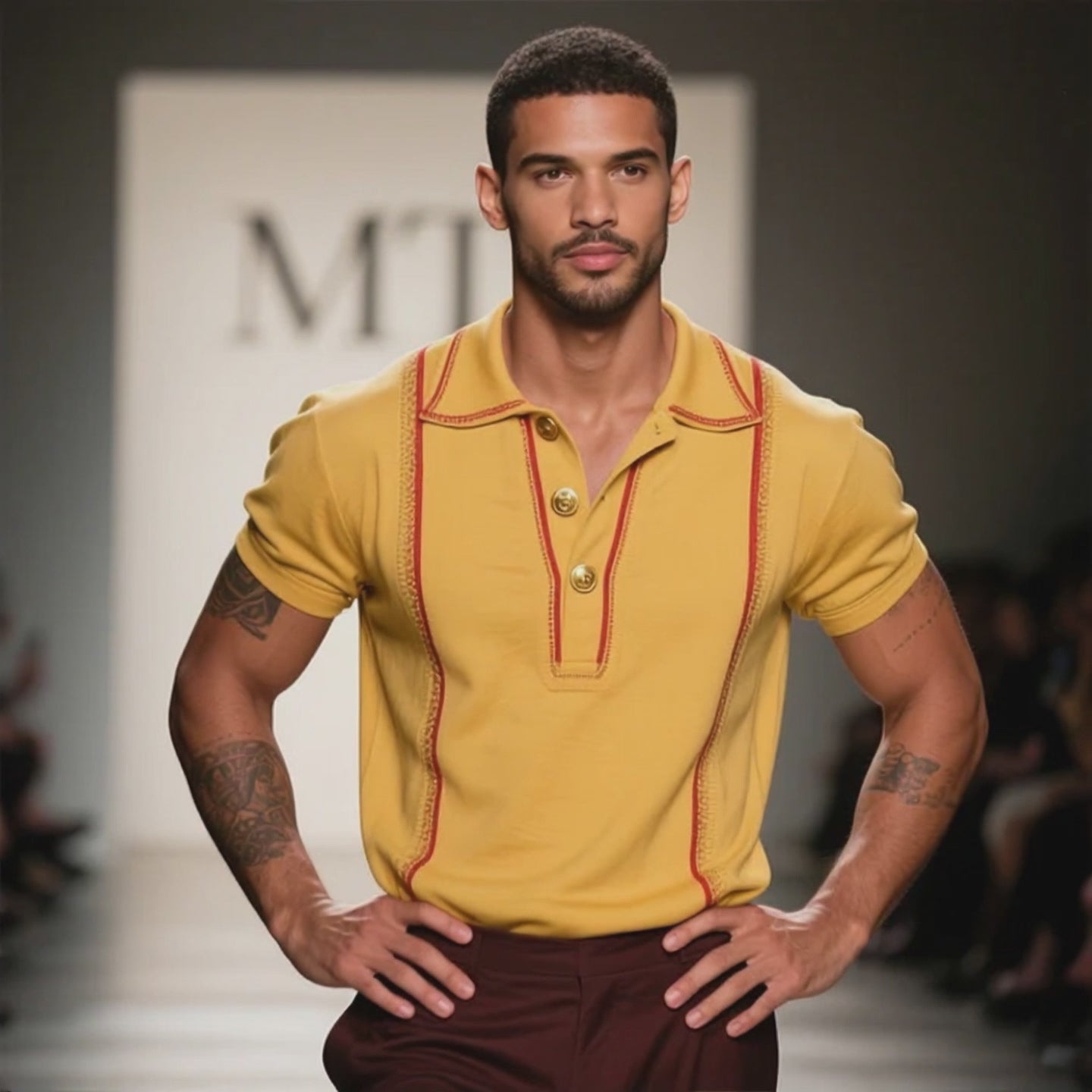 Men's Vintage Casual Striped Embroidered Cotton Short Sleeve Polo Shirt MTA2985E3TO