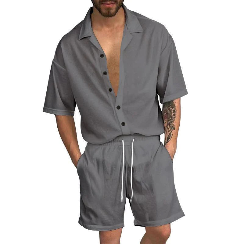 Men's Casual Solid Color Lapel Short Sleeve Shirt Drawstring Shorts Set 92220276Y