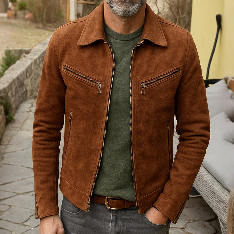 Men's Casual Retro Style Solid Color Suede Zipper Lapel Jacket MTA0644H3TO