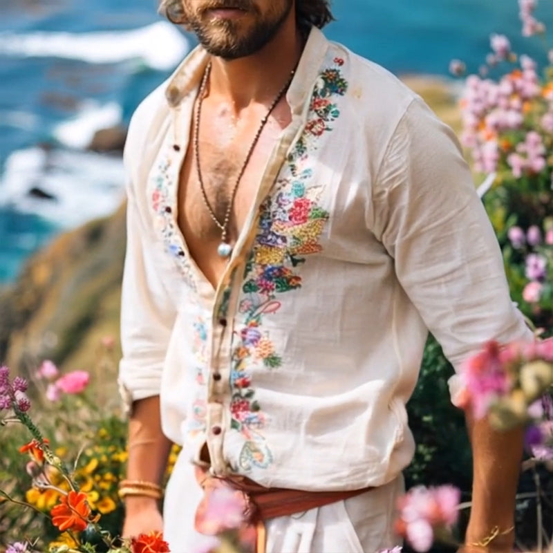 Camicia a maniche lunghe vintage ricamata casual da uomo 42024025TO