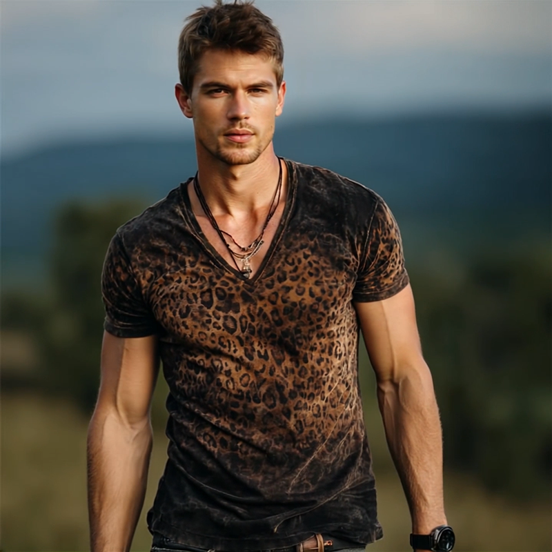 Men's Retro Casual Gradient Leopard Velvet V-neck Short Sleeve T-shirt MTA1072G3TO