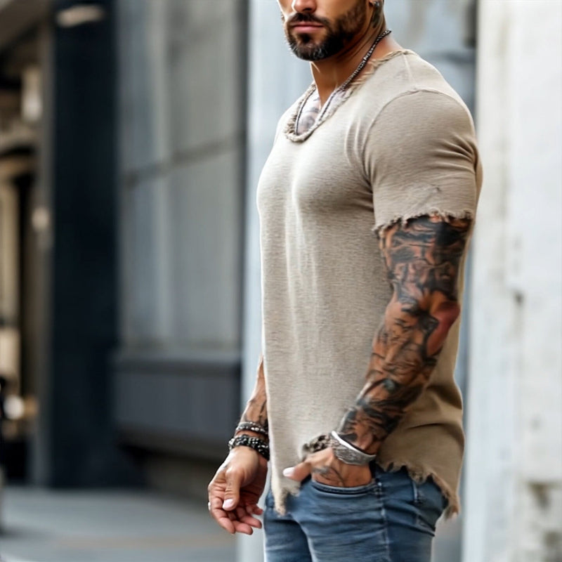 Men's Retro Casual Raw Edge Ripped Round Neck Short Sleeve T-Shirt MTA2587D5TO