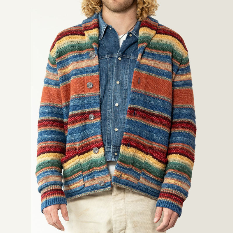 【24-hour shipping】Men's Vintage Rainbow Colorblock Jacquard Lapel Cardigan 50270487Y