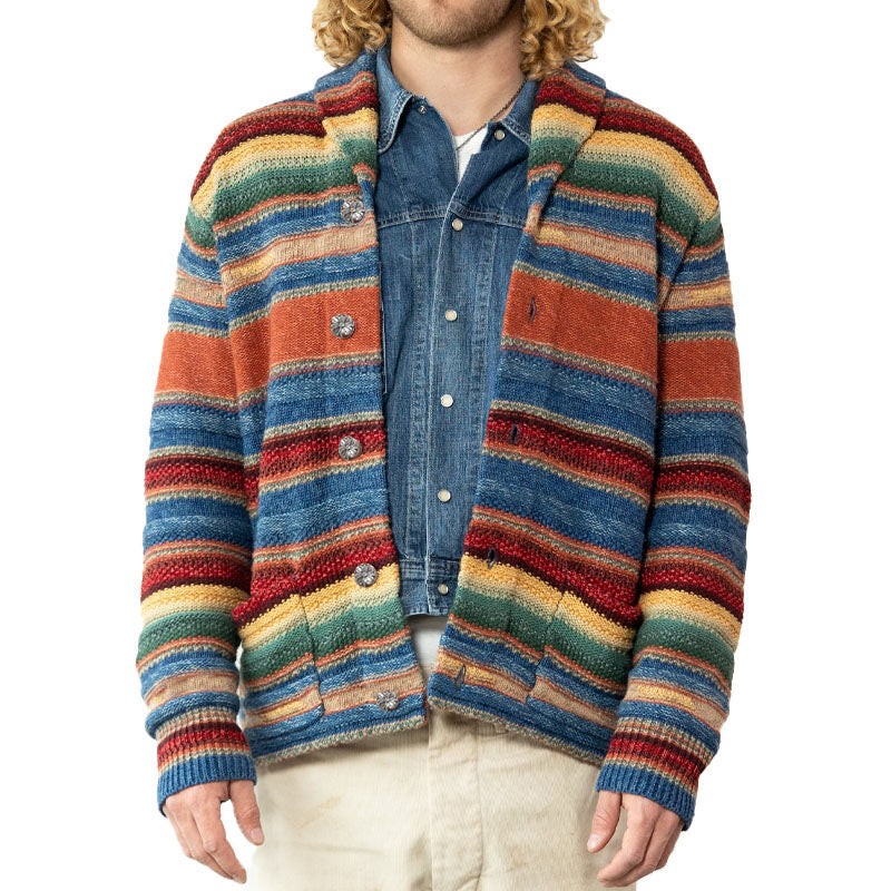 【24-Stunden-Versand】 Herren-Vintage-Regenbogen-Colorblock-Jacquard-Revers-Cardigan 50270487Y