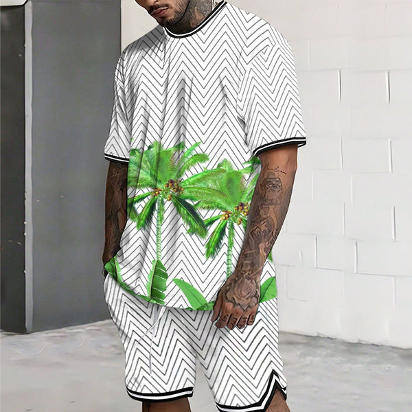 Men's Coconut Tree Stripe Print Short-sleeved Two-piece Set 73679752TO