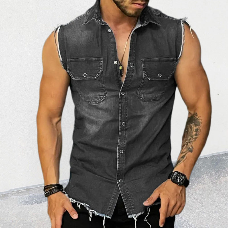 Vintage Washed Raw Edge Lapel Sleeveless Denim Shirt 47486407M