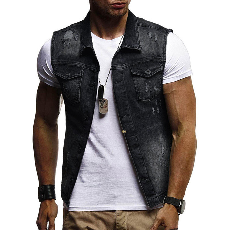 Men's Casual Washed Ripped Denim Vest 62135222M